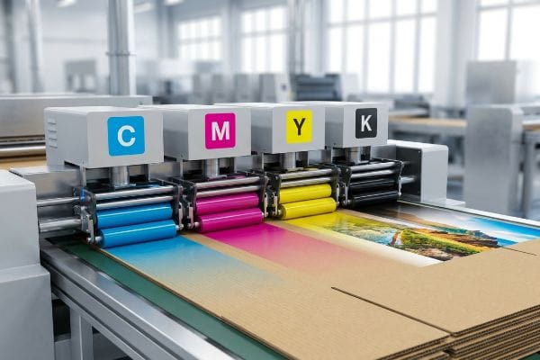 An industrial CMYK printing machine applies Cyan, Magenta, Yellow, and Key inks onto cardboard, creating photorealistic graphics for packaging.