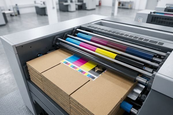 A printing press applies CMYK inks onto corrugated board, featuring a color test strip for quality control.