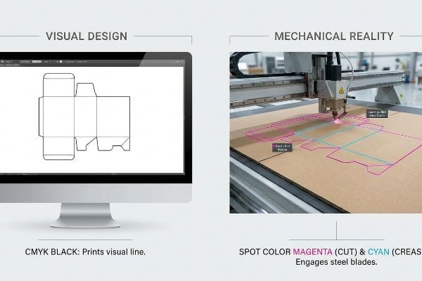 Herstellungsprozess der Stanzform Der Computerbildschirm zeigt eine schwarze CMYK-Schnittlinie an; die CNC-Maschine schneidet Karton mit magentafarbenen (Schnitt) und cyanfarbenen (Rill-)Linien für die Verpackung.