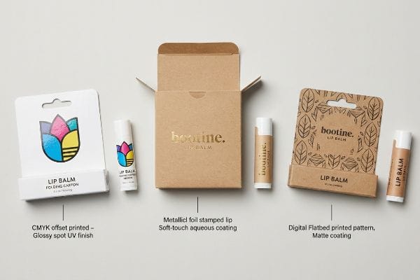 Lip Balm Printing Options Bootine lip balm packaging demonstrates three printing options: CMYK offset with glossy spot UV, metallic foil stamping with soft-touch aqueous coating, and digital flatbed with matte finish.