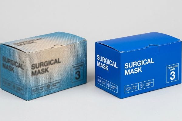 Solid blue surgical mask box with clear 'Surgical Mask', 'Filtration Level 3', and 'Tested Type IIR' text, contrasted with a blurry CMYK gradient box.