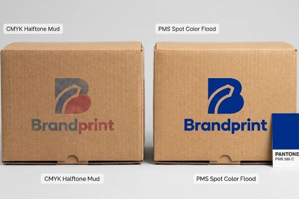 CMYK vs PMS Print Brown corrugated boxes demonstrate CMYK halftone mud versus vibrant PMS spot color flood for Brandprint logo, with Pantone PMS 288 C.