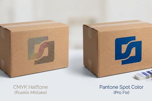 CMYK vs Pantone Packaging Raw corrugated cardboard boxes display Cmyk Halftone (Rookie Mistake) vs. vibrant Pantone Spot Color (Pro Fix) logo, showing print quality.