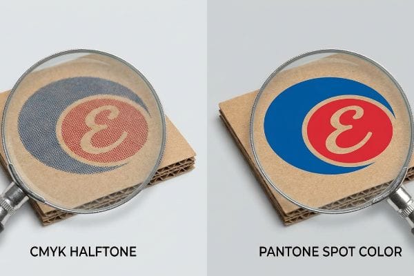 CMYK vs Pantone Logo Corrugated cardboard under magnifying glasses comparing CMYK Halftone dots to smooth Pantone Spot Color for a logo.