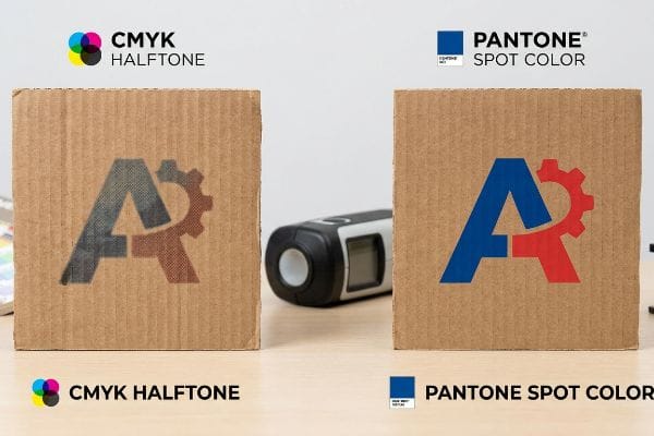 Cmyk Halftone Vs Pantone Brown corrugated boxes compare a logo printed with muddy Cmyk Halftone versus vibrant Pantone Spot Color.