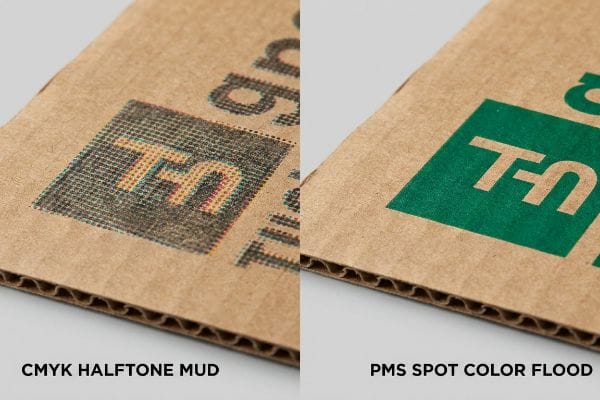Halftone vs Spot Color Corrugated cardboard comparison: grainy CMYK Halftone Mud logo versus sharp PMS Spot Color Flood logo in vibrant green.