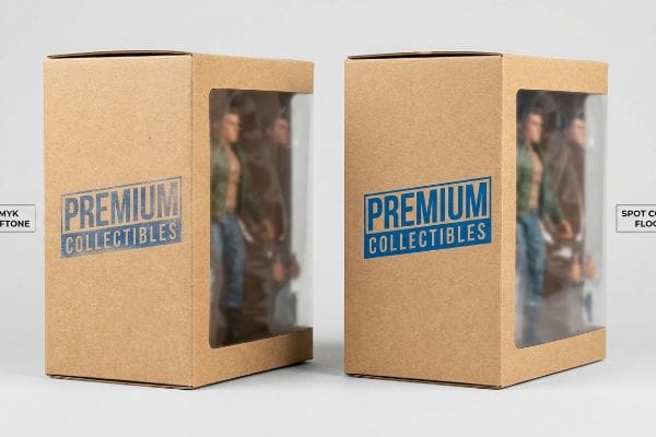 Collectible Box Printing Comparison Kraft paper boxes display Premium Collectibles action figures, contrasting CMYK halftone and spot color flood printing.