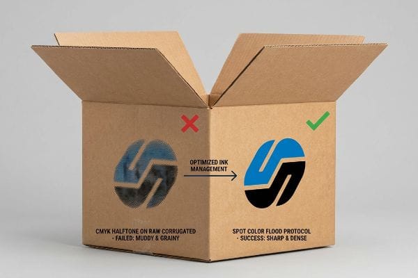 Brown corrugated box comparing CMYK Halftone on Raw Corrugated (Muddy & Grainy) to Spot Color Flood Protocol (Sharp & Dense) via Optimized Ink Management.