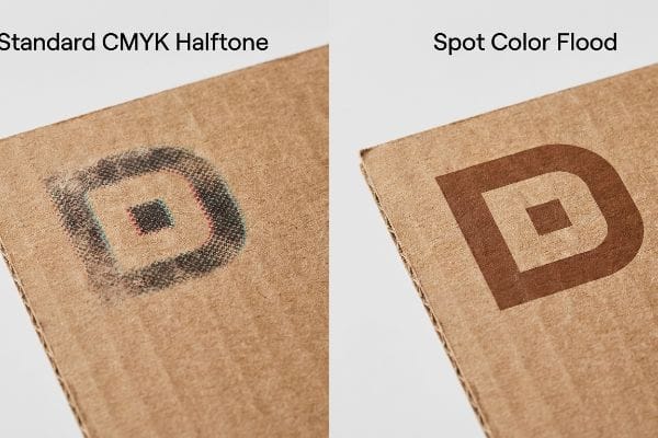 CMYK Spot Color Print Corrugated cardboard compares CMYK Halftone 'D' logo with dot gain to a smooth Spot Color Flood 'D' logo, showing print quality.