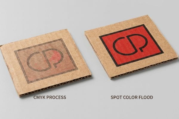 CMYKとスポットカラーの比較 段ボールのサンプルは、「CP」ロゴにハーフトーンのドットを使用したCMYKプロセス印刷と、鮮やかなスポットカラー全面印刷を比較したものです。.