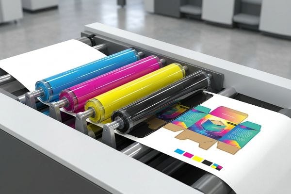 CMYK Printing Process A commercial printing press applies CMYK inks from cyan, magenta, yellow, and black rollers onto paper, creating a colorful packaging box design with color swatches.