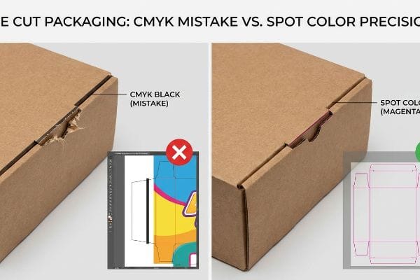 Brown die-cut packaging shows a torn Cmyk Black cut (Mistake) versus a precise Spot Color Magenta line.