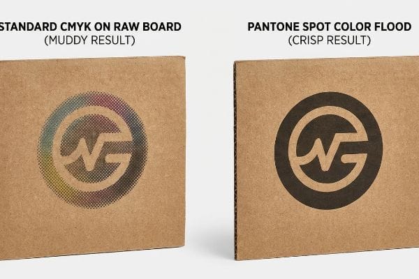 Brown corrugated boxes comparing Standard Cmyk on Raw Board (Muddy Result) logo print to Pantone Spot Color Flood (Crisp Result).