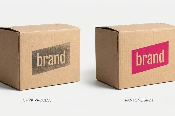 CMYK Pantone Print Comparison Two corrugated cardboard boxes showcase CMYK Process halftone dots versus solid Pantone Spot magenta ink for 'brand' logo.