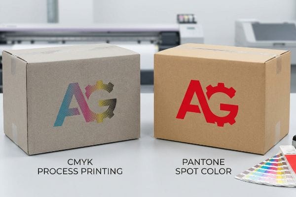 CMYK vs Pantone Printing Light greyish-brown corrugated box displays a CMYK Process Printing AG logo with halftone dots, contrasted with a brown box featuring a solid red Pantone Spot Color AG logo.