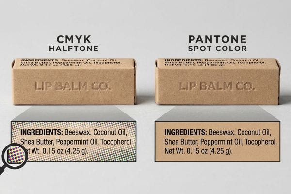 Halftone vs Spot Color Kraft paper Lip Balm Co. boxes, comparing CMYK Halftone's dotted ingredients to Pantone Spot Color's solid text, highlighting print legibility.