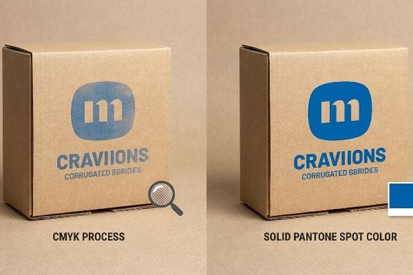 CMYK vs Pantone Print Corrugated boxes display Craviions Corrugated Sbrides logo, comparing grainy Cmyk Process print to vibrant Solid Pantone Spot Color.
