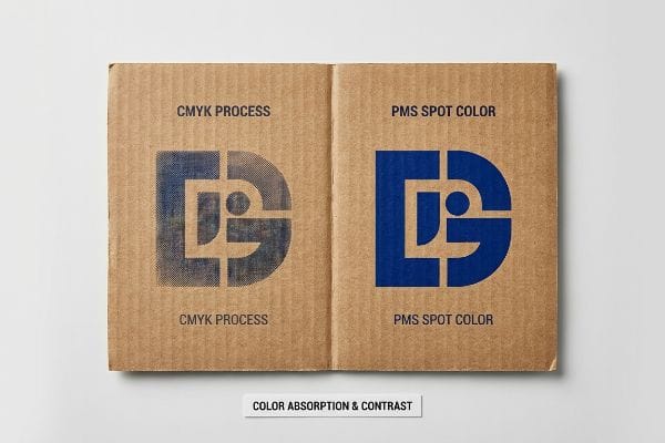 CMYK против PMS-цвета На коричневом гофрированном картоне представлено сравнение печати по технологии CMYK с зернистым синим логотипом и печати плашечными цветами PMS с ярким, насыщенным синим логотипом, подчеркивающее поглощение цвета и контраст.