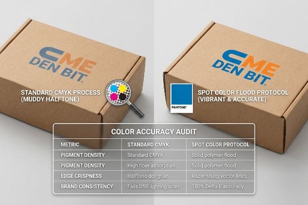 CMYK vs Spot Color Corrugated boxes show CME DEN BIT logo printed with muddy Standard CMYK Process vs. vibrant Spot Color Protocol, detailing color accuracy audit.
