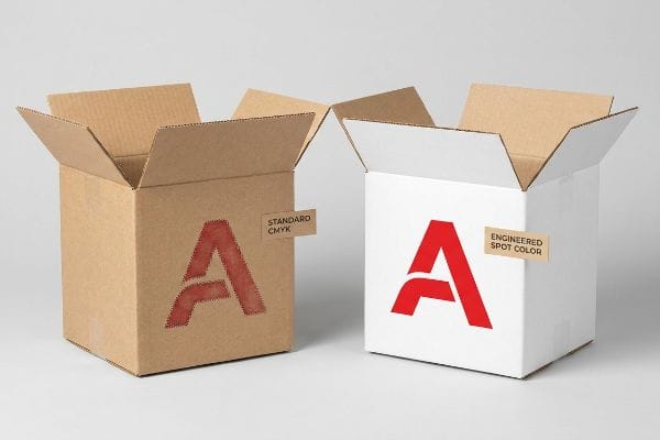 Natural brown corrugated box with a faded red 'A' logo, labeled 'Standard Cmyk', compared to a white box with a vibrant 'A' logo, labeled 'Engineered Spot Color'.