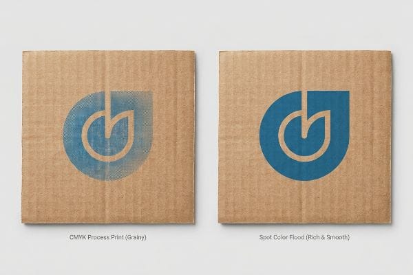 Corrugated Print Comparison Corrugated cardboard shows grainy CMYK Process Print logo next to smooth Spot Color Flood logo, highlighting print quality difference on raw testliner.