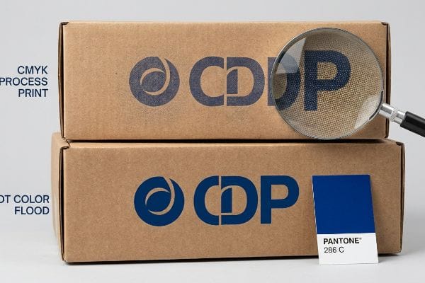 Corrugated boxes comparing Cmyk Process Print with grainy halftone dots versus a solid Pantone 286 C Spot Color Flood logo.
