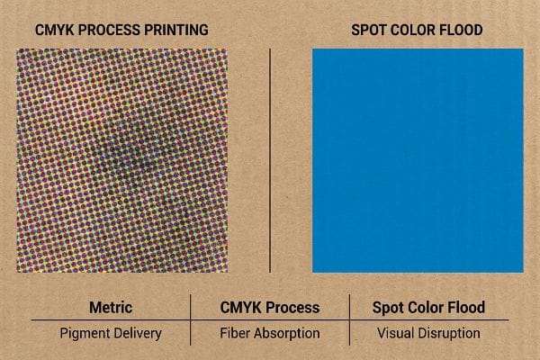 تتناقض نقاط الهافتون من طباعة عملية CMYK مع فيضان اللون الأزرق الموضعي الصلب، مما يوضح توصيل الصبغة وامتصاص الألياف.