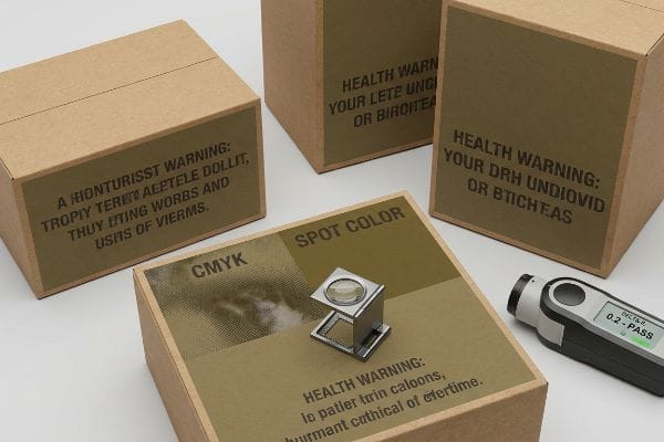 CMYK Spot Color Measurement Drab olive-green labeled cardboard boxes with simulated Health Warnings, one box featuring 'CMYK' and 'Spot Color' sections, a magnifying loupe, and a colorimeter displaying '0.2 - Pass' for color accuracy.