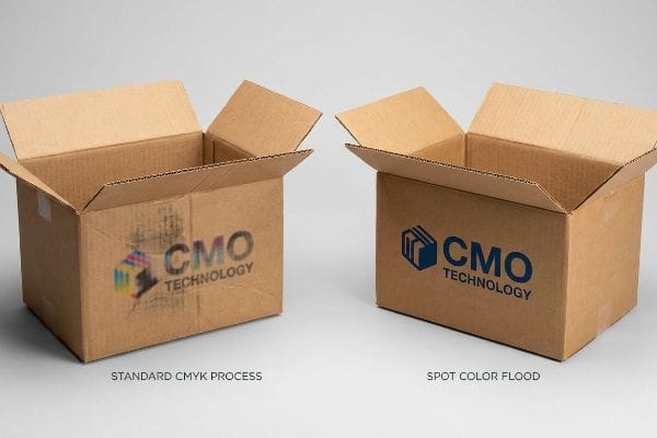 Corrugated cardboard boxes comparing faded Standard CMYK Process print with crisp Spot Color Flood for CMO Technology logo.