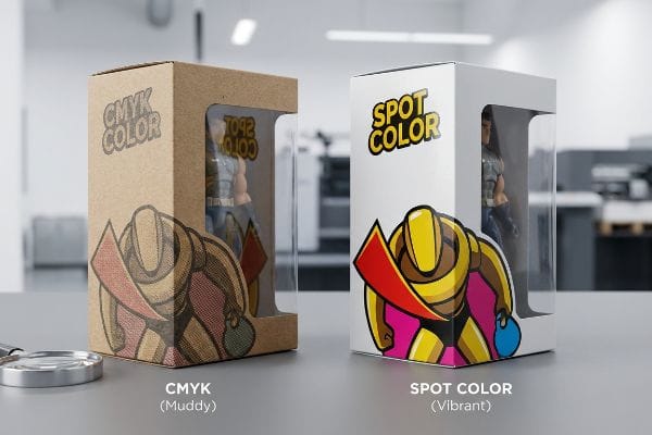 Print Quality Comparison Brown Kraft CMYK Color toy packaging with a muddy character print contrasts sharply with vibrant Spot Color white packaging, demonstrating print quality.