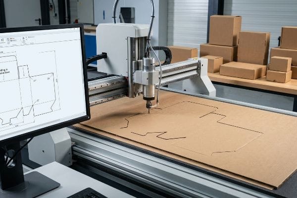 A CNC cutting machine precisely cuts a custom die-cut kraft box design from cardboard, with a CAD software blueprint visible on a monitor.