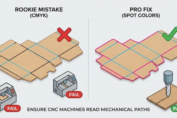 CNC機械経路修正 段ボール包装テンプレートの比較:初心者のミス(CMYK)によるカットラインはCNCマシンで失敗しますが、プロ仕様の修正(特色)によるベクターパスは成功します。.