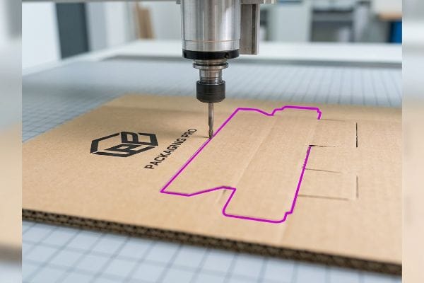 Corrugated board being precision die-cut by a CNC router, following a magenta outline for custom packaging, featuring the Packaging Pro logo.
