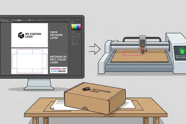 Custom Box Production Process Computer screen shows My Custom Logo artwork, Magenta Cut, Cyan Crease layers, feeding a CNC machine for a custom corrugated box.