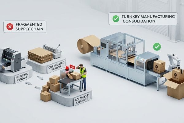 Turnkey Manufacturing Consolidation Fragmented supply chain with printing, corrugated, and co-packer assembly showing a 'Jam' warning, contrasted with automated turnkey manufacturing for Nespresso boxes.
