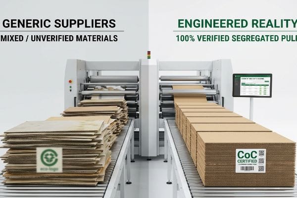Uneven, unverified cardboard stacks from Generic Suppliers contrast with neat, CoC Certified, 100% Verified Segregated Pulp on Engineered Reality's conveyor.