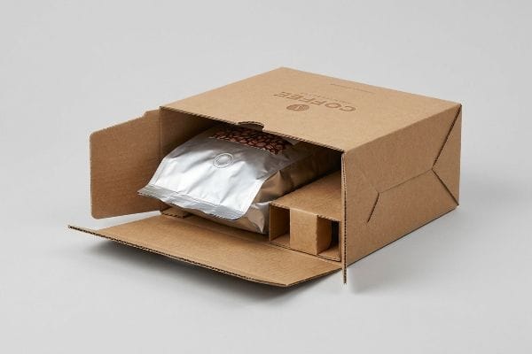 An open corrugated coffee box reveals two silver foil bags of roasted coffee beans, secured by internal dividers.