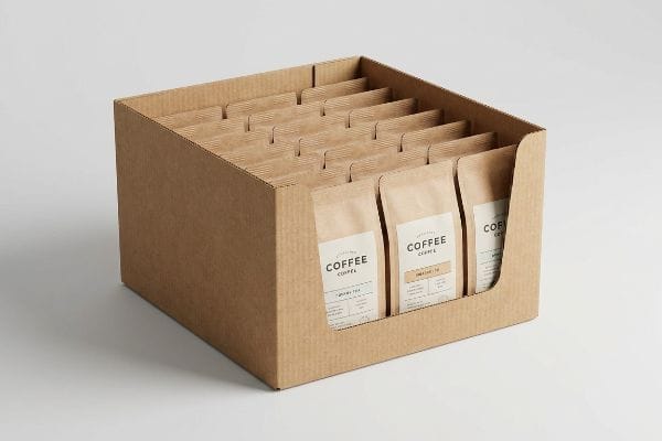コーヒーコッペルPDQディスプレイ 段ボール製のPDQディスプレイボックスには、「Coffee Coppel」とラベル付けされた複数のクラフトコーヒーパウチが陳列されており、「モーニングティー」と「ブレックファストティー」のバリエーションが用意され、小売店での商品陳列に活用できる。.