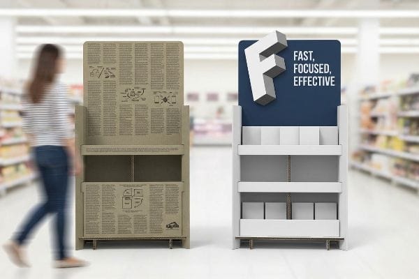 Contraste de surcharge cognitive d'affichage Présentoir de sol en carton ondulé Kraft illustrant la surcharge cognitive à côté d'un présentoir blanc à contraste élevé avec un « F » en 3D et l'inscription « Rapide, Concentré, Efficace » dans une allée de magasin.