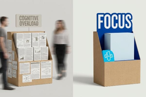 Kognitive Überlastung vs. Fokus Ein Verkaufsdisplay aus Wellpappe, das mit textlastigen Karten eine kognitive Überlastung verursacht, steht im Kontrast zu einem vereinfachten Fokusdisplay mit einem einzigen Produkt und einem Aufkleber mit der Aufschrift „1 Wert“.