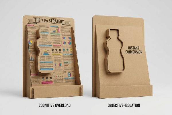 7 Ps Strategy Comparison Corrugated cardboard retail displays contrasting 'The 7 Ps Strategy' with 'Cognitive Overload' against 'Objective-Isolation' for 'Instant Conversion' using 3D die-cut bottle shapes.