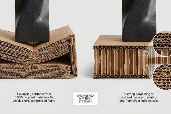 Collapsing 100% recycled cardboard with short fibers contrasted with strong, unyielding long-fiber virgin kraft material, demonstrating Engineered Material Strength.