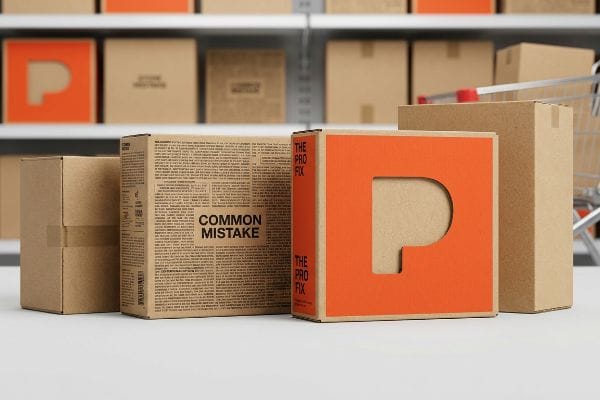 Common Mistake Pro Fix Brown cardboard boxes, one featuring "Common Mistake" text, another with an orange "P" cutout and "The Pro Fix" branding, in a warehouse.