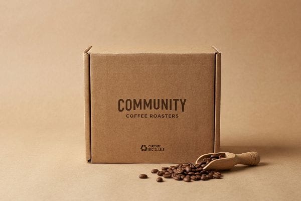 Coffee Roasters Packaging Brown corrugated box for Community Coffee Roasters, featuring a Curbside Recyclable logo, with roasted coffee beans and a wooden scoop.