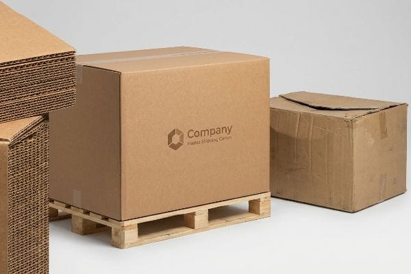 Company Master Shipping Carton A new corrugated Company Master Shipping Carton on a wooden pallet, with a stack of virgin cardboard and a fatigued reused shipping box.