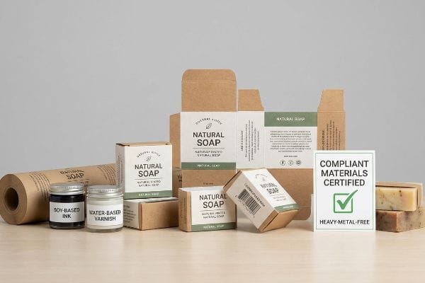 Kraft paper natural soap packaging, soy-based ink, water-based varnish, and Compliant Materials Certified, Heavy-Metal-Free sign.