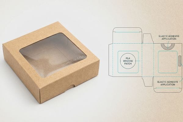 Kraft paperboard box with Compostable Pla window, alongside die-line diagram detailing Pla Window Patch and Elastic Adhesive Application.