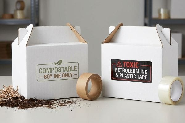 Compostable Packaging Choices A white cardboard box featuring a 'Compostable - Soy Ink Only' label and brown paper tape contrasts with a box marked 'Toxic Petroleum Ink & Plastic Tape' alongside clear plastic tape.