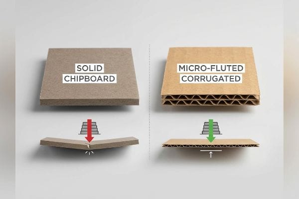 Solid Chipboard bends and cracks under pressure, while Micro-Fluted Corrugated board resists compression, highlighting its superior kinetic shock absorption.