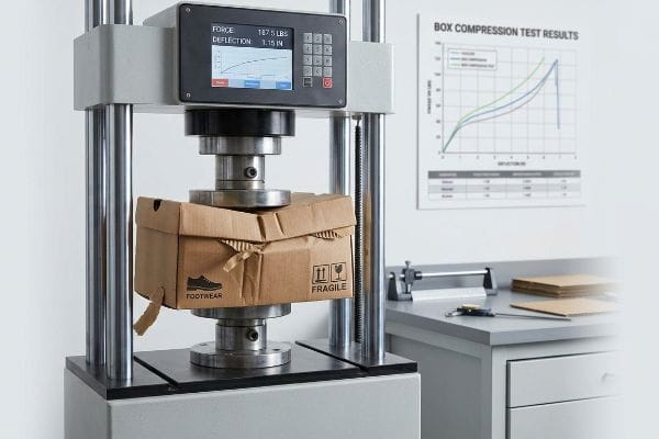 Corrugated footwear box crushing on compression tester, showing 187.5 LBS force, 1.15 IN deflection.